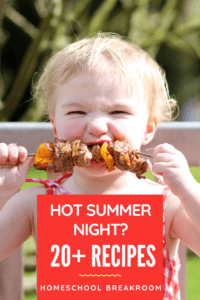Toddler girl eating meat and veggies off of a skewer
