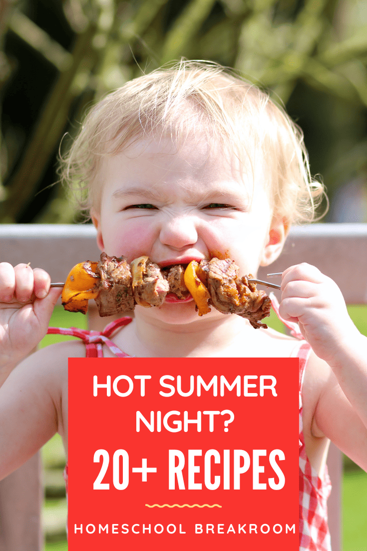 Toddler girl eating meat and veggies off of a skewer
